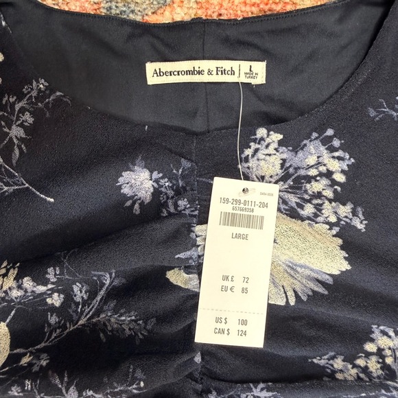 Abercrombie & Fitch Navy Blue Floral Ruched Mesh Maxi Dress Large Stretch NWT - Picture 10 of 10